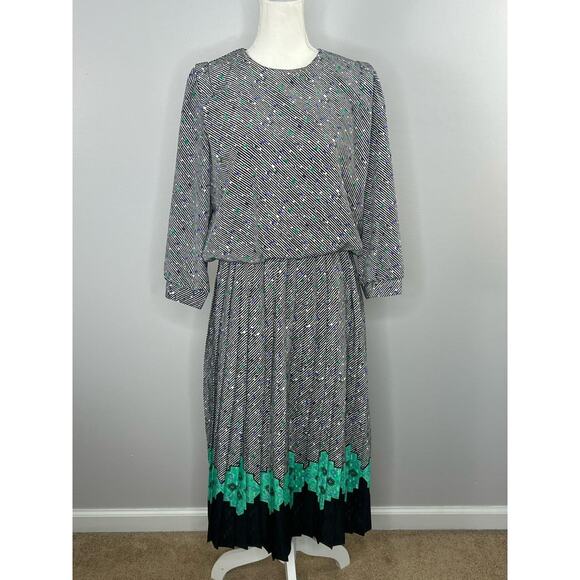 Vintage 80s Kristen Abstract Print Dress Size Medium Pleated Skirt Shoulder Pads - Picture 1 of 5